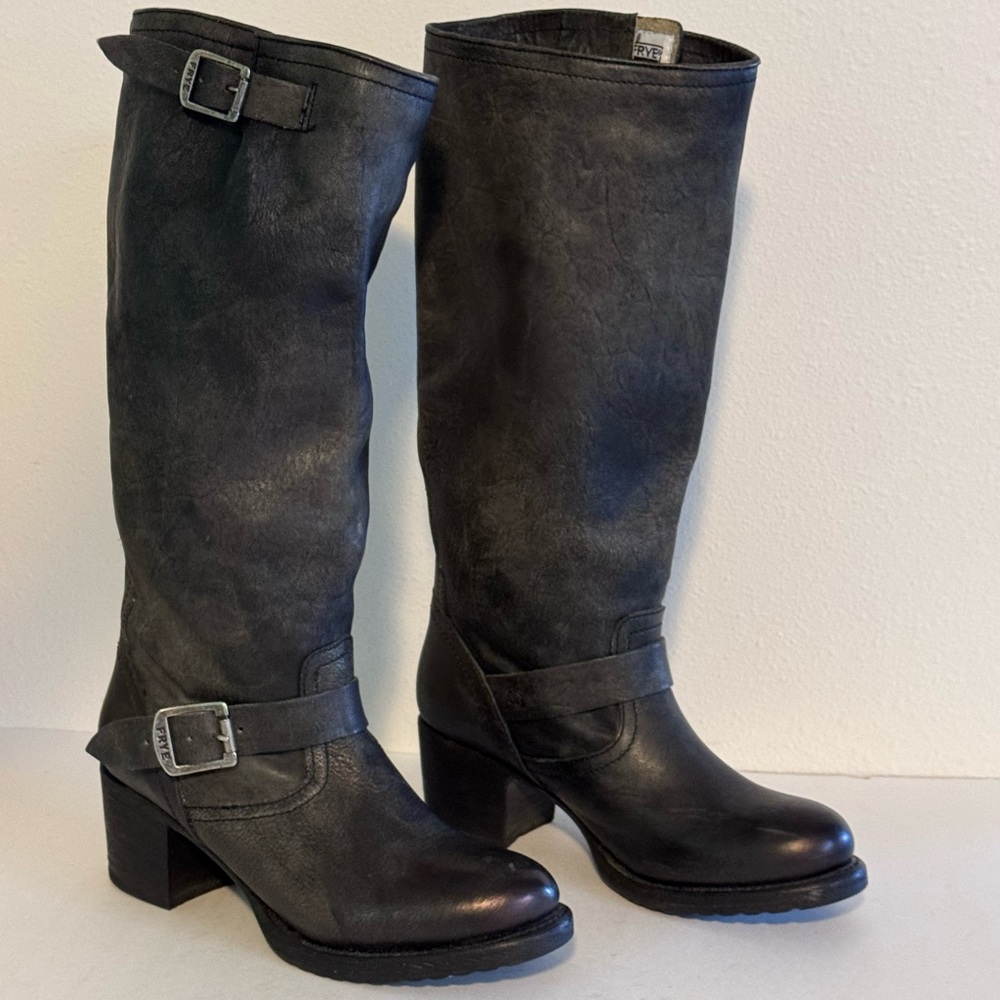 Frye Women’s Charcoal Gray Leather Slouch Boots 3 inch Block Heel Size 9.5 - Picture 9 of 15